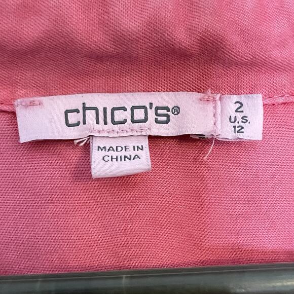 Chico's Shirt Women's 12 Pink Frayed Trim Roll-Tab Long Sleeve Button Up Blouse - Picture 4 of 10